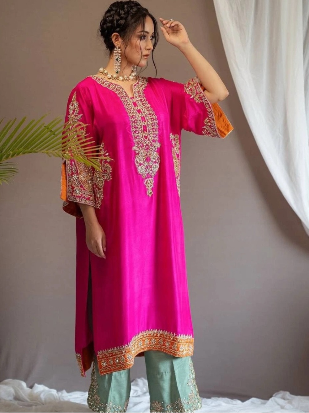 3Pc Large Pakistani Salwar Kameez Suit Pink Orange Mint Embroidered Party Wear